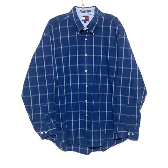 Tommy Hilfiger Blue Gray Plaid Button Shirt Pocket Logo Mens XL Vintage 2003 Y2K - Picture 1 of 7